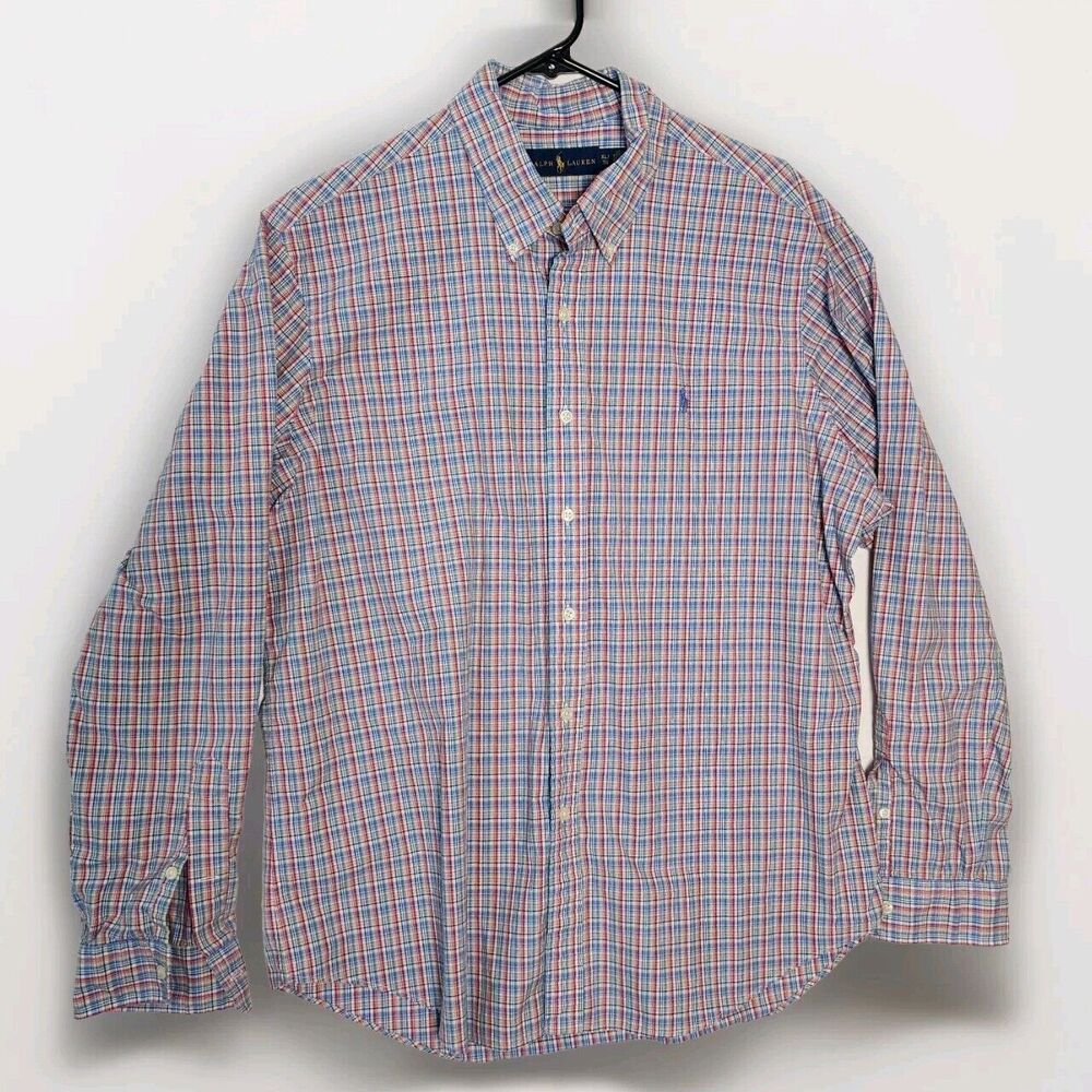 RALPH LAUREN Button Down Shirt XL Mens Rainbow Plad Colorful Pastel Blue Pony